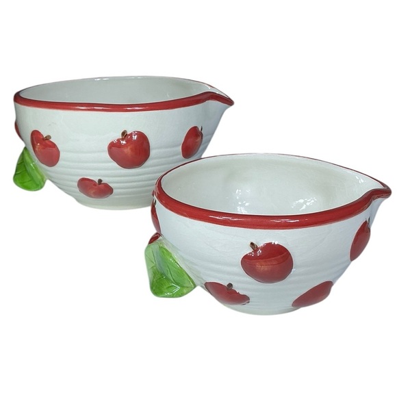 Vintage Mixing Bowls Apples Pour Spouts Handles Ceramic Nesting Design Set of 2 - Picture 16 of 16